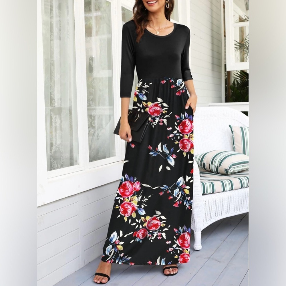 Karalin Women's 3/4 Sleeve Casual Loose Long Maxi Dresses with Pocket